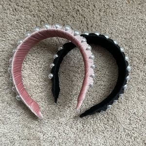 Women’s Velvet Pearl Headbands - Pink and Black with Pearls - Set of 2